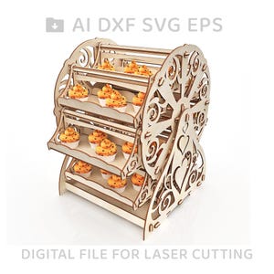 May include: A wooden Ferris wheel cupcake stand with intricate cutouts and four tiers. The stand is made for laser cutting and is perfect for displaying cupcakes or other treats.