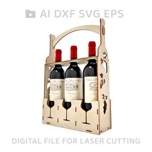 May include: A wooden wine bottle carrier with a handle. The carrier has three slots for bottles and four slots for wine glasses. The carrier is made of light brown wood and has a decorative design of grapes and vines.