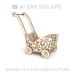 Pode incluir: Um carrinho de bebé de madeira com recortes florais decorativos, rodas e uma pega. Os textos "AI DXF SVG EPS" e "DIGITAL FILE FOR LASER CUTTING" são visíveis. O carrinho é feito de madeira clara.