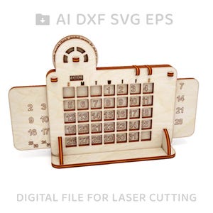 以下が含まれることがあります： 赤と黄色のストライプのデザインが施された木製のカレンダー。カレンダーは12月用で、月の各日にスロットがあります。カレンダーはレーザーカット用に設計されています。