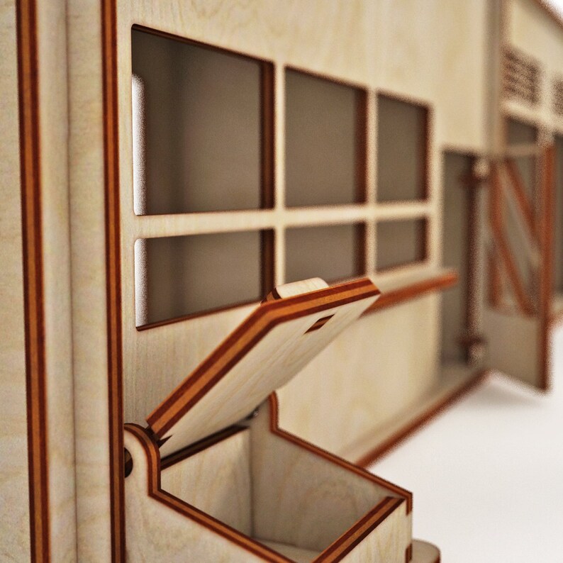 May include: A wooden toy house with a hinged door and a small window. The house is made of light wood with brown trim. The door is open and the window is closed.