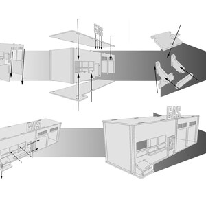 May include: A black and white line drawing illustration of a gas station building with a sign that reads "GAS". The illustration shows the building in various stages of assembly, with the individual pieces labeled.