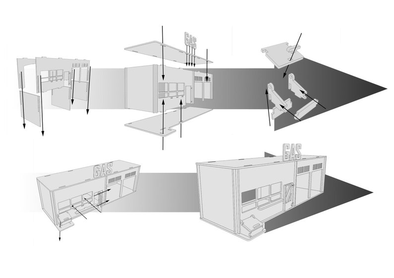 May include: A black and white line drawing illustration of a gas station building with a sign that reads "GAS". The illustration shows the building in various stages of assembly, with the individual pieces labeled.