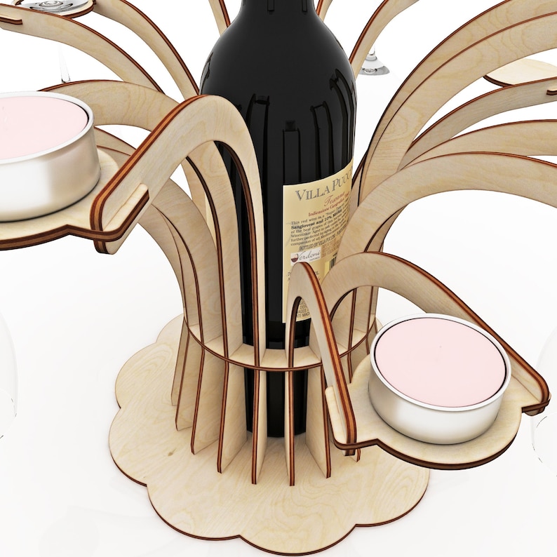 May include: Wooden wine bottle holder with a decorative design. It features four glass holders, two candle holders, and a central space for a wine bottle. The bottle holder is made of light brown wood and has a natural finish.