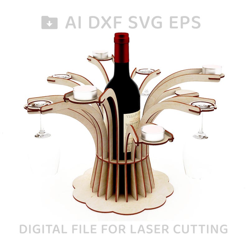 May include: Laser cut wooden wine bottle holder with six candle holders and two wine glass holders. The holder is designed to look like a tree with branches. The bottle holder is made of light brown wood and the candle holders are made of clear glass.