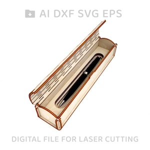 May include: A wooden pen holder with a lid, open to reveal a black pen inside. The pen holder is made of light wood with a dark wood trim. The image includes the text "AI DXF SVG EPS" and "DIGITAL FILE FOR LASER CUTTING".