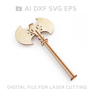 May include: A wooden axe with a double-headed blade, designed for laser cutting. The axe has a detailed design with intricate carvings and a long handle.