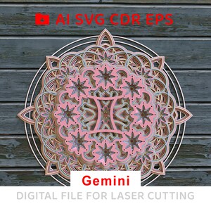 Op de afbeelding: Een gelaagd mandala-ontwerp met het tweeling-sterrenbeeld in roze en bruin, omringd door een veelkleurig geometrisch patroon. Het ontwerp is gelabeld met "Gemini" en "DIGITAL FILE FOR LASER CUTTING".