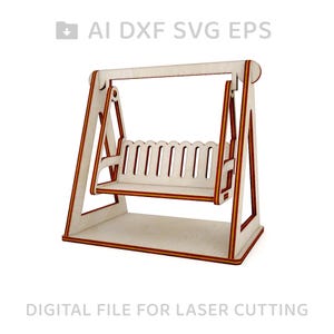 Pode incluir: Um balanço de madeira com listras vermelhas e amarelas. O balanço é projetado para corte a laser e é um arquivo digital.