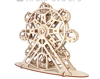 May include: A wooden model of a Ferris wheel, designed for laser cutting. The model features a detailed design with multiple gondolas and a central hub.