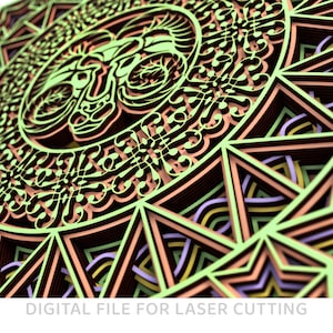 May include: A green and brown layered mandala design with intricate details. The design features a central motif of a stylized ram's head with horns. The mandala is perfect for laser cutting and creating decorative wall art or home decor.