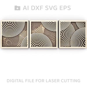 May include: Three square wooden panels with a geometric pattern of concentric circles cut out. The panels are arranged horizontally and have a light brown color.