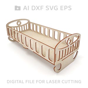 Op de afbeelding: Een houten babywieg met een wiegende basis en een hartvormige uitsparing op het hoofdeinde. De wieg is gemaakt van licht hout en heeft een natuurlijke afwerking. De wieg is ontworpen voor lasersnijden.