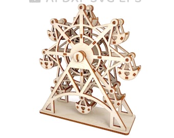 May include: A wooden model of a Ferris wheel with detailed carvings. The model is designed for laser cutting and assembly.