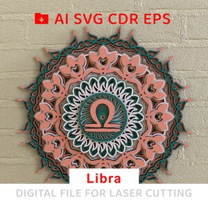 May include: A layered mandala design featuring the Libra zodiac symbol in the center. The mandala is in shades of pink, green, and white. The text "Libra" is below the mandala. The text "DIGITAL FILE FOR LASER CUTTING" is below the text "Libra".