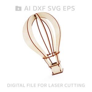 May include: A wooden hot air balloon model with a red outline, designed for laser cutting. The balloon is tilted to the side, showing the intricate details of the basket and the balloon's shape.