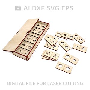 May include: A wooden box with a lid, containing wooden dominoes with different shapes cut out. The dominoes are scattered around the box. The text "AI DXF SVG EPS" and "DIGITAL FILE FOR LASER CUTTING" are visible on the image.