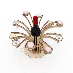 May include: Wooden wine rack with a bottle of red wine and four candle holders. The rack has a decorative design with curved arms and a circular base.