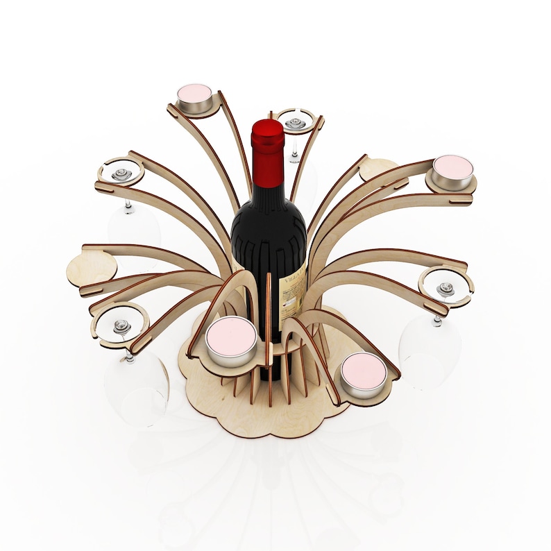 May include: Wooden wine rack with a bottle of red wine and four candle holders. The rack has a decorative design with curved arms and a circular base.