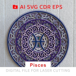 May include: A blue and purple mandala with a Pisces zodiac symbol in the center. The mandala is layered and intricate, with a white background. The text "Pisces" is written below the mandala. "DIGITAL FILE FOR LASER CUTTING" is written below the text.
