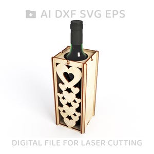 May include: A wooden wine bottle holder with a heart design. The holder is made of light brown wood and has a cutout design of hearts. The holder is empty and ready to hold a bottle of wine.