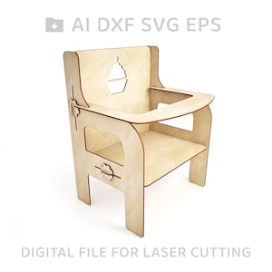 Op de afbeelding: Een houten kinderstoel met een cupcake-uitsparing op de rugleuning. De stoel is ontworpen voor lasersnijden en heeft decoratieve bloemvormige accenten. Tekst op de afbeelding luidt "AI DXF SVG EPS" en "DIGITAAL BESTAND VOOR LASERSNIJDEN."