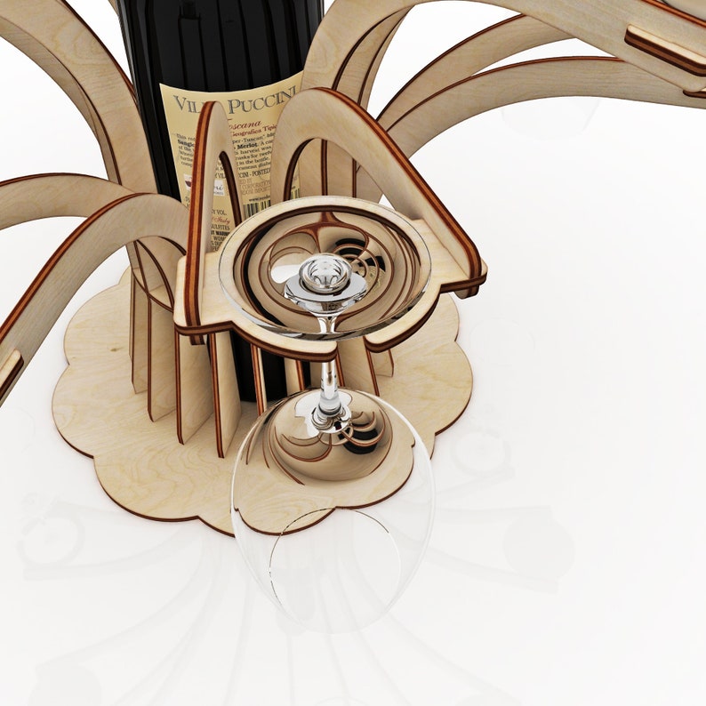 May include: Wooden wine rack with a bottle of Villa Pucci wine and a glass hanging from it. The rack is designed to hold multiple glasses and bottles.