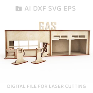 May include: A wooden model of a gas station with two gas pumps, a garage door, and a sign that reads "GAS".