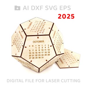 Puede incluir: Un calendario de madera 2025 con forma de dodecaedro. Cada lado del calendario presenta un mes del año, con los días de la semana etiquetados. El calendario está diseñado para corte por láser.