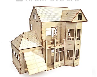 May include: A laser cut wooden model of a two-story house with a garage. The house has a balcony, windows, and a roof with a tiled pattern. The model is designed for laser cutting and assembly.