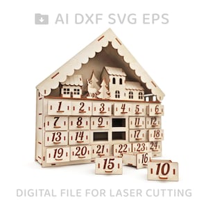 Könnte beinhalten: Ein hölzerner Adventskalender in Form eines Hauses mit 24 nummerierten Schubladen. Der Kalender ist mit einem kleinen Baum und zwei Häusern verziert. Die Schubladen sind geöffnet und zeigen die Zahlen 1, 2, 3, 4, 5, 6, 7, 8, 9, 10, 11, 12, 13, 14, 15, 16, 17, 18, 19, 20, 21, 22, 23 und 24. Der Kalender ist für den Laserschnitt konzipiert.