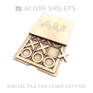 May include: A wooden tic-tac-toe game with a lid that says "Tic Tac Toe". The game is open and the pieces are visible. The game is designed for laser cutting.