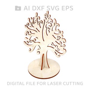 May include: A wooden tree with intricate branches and a circular base. The tree is made for laser cutting and is a digital file.