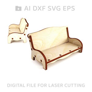 Pode incluir: Um banco de madeira com encosto curvo e design simples. O banco é feito de madeira clara com uma mancha marrom e tem uma borda vermelha e marrom. O banco é projetado para corte a laser.