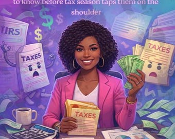 May include: An illustrated book cover titled "Business Taxes 101: Get Paid Without Getting Played." The image features a woman in a pink blazer holding money and tax forms. The background includes dollar signs and tax documents.