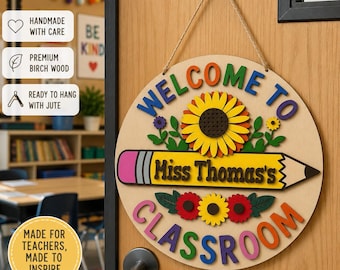 Letrero de madera personalizado para el aula del profesor / Decoración de puerta con nombre en capas
