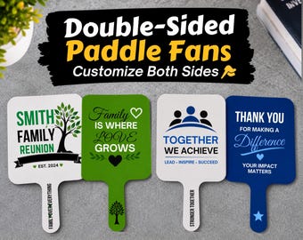 May include: Four rectangular paddle fans with handles, each featuring unique printed designs. The fans display text including Smith Family Reunion, Family Is Where Love Grows, Together We Achieve, and Thank You For Making A Difference, with various icons.