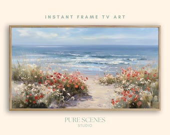 Summer Wildflowers Sandy Beach Coastal Samsung Frame TV Art, Vibrant Painting (Digital Download)