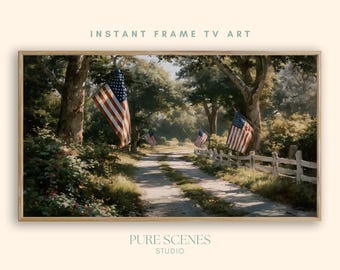 American Flags Country Path Patriotic Samsung Frame TV Art, Rustic Painting (Digital Download)