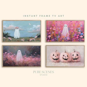 May include: Four framed art prints featuring whimsical Halloween themes. One print shows a ghost in a field, another in a flower garden, and a third with three pink carved pumpkins. The text "INSTANT FRAME TV ART" is at the top.