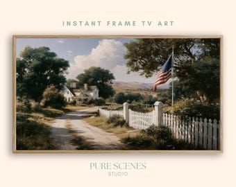 American Flag Farmhouse Country Path Patriotic Samsung Frame TV Art, Rustic Painting (Digital Download)