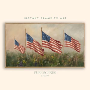 American Flags in a Meadow Patriotic Frame TV Art, Rustic Landscape Painting (Digital Download)