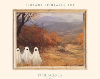 Halloween Ghost Family Autumn Valley Holiday Printable Wall Art, Rustic Painting (Digital Download, Horizontal)