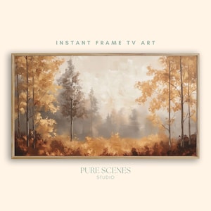 May include: A rectangular digital artwork titled INSTANT FRAME TV ART by PURE SCENES STUDIO, featuring a landscape painting of a forest in autumn with golden yellow and brown trees set against a soft, hazy, light-colored background.