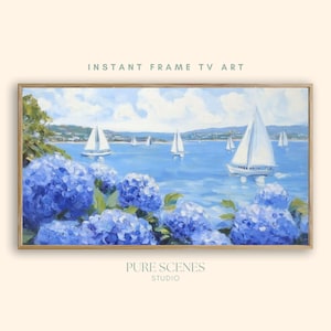 Blue Hydrangea Samsung Frame TV Art Coastal Floral Print With Sailboats Summer Frame TV Art Nautical TV Decor Digital Oil Painting Download