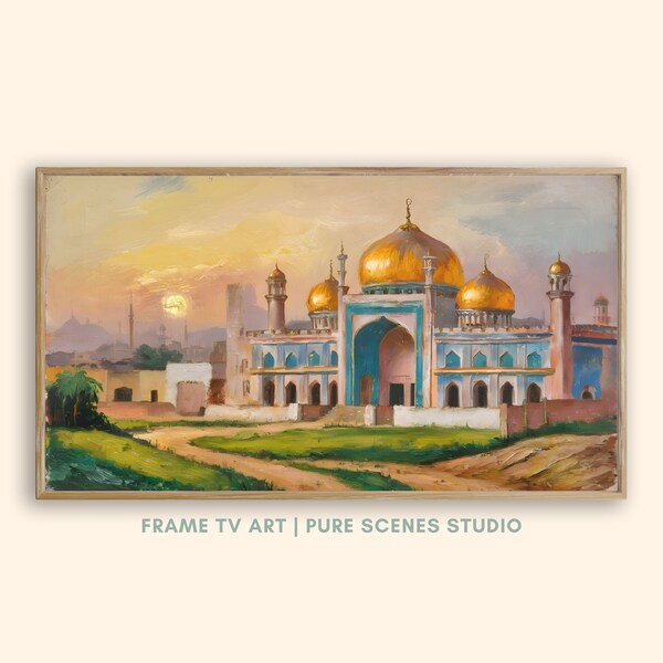 Ramadan Decor Frame TV Art, Vintage Mosque Painting, Islamic Middle Eastern Oil Painting, Pastel Mosque Screensaver, Instant Download