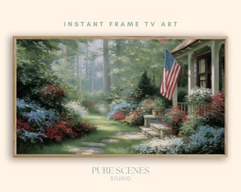 American Flag Garden Cottage Patriotic Samsung Frame TV Art, Vibrant Painting (Digital Download)