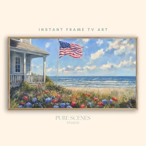 Coastal American Flag TV Art 4th of July Summer TV Art Vintage Summer Decor July 4th Party Digital Download Patriotic Frame TV Screensaver