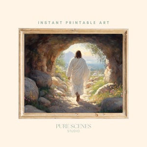 Arte mural cristiano "Él ha resucitado", pintura horizontal de la resurrección de Jesús (descarga digital)