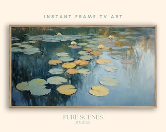 May include: A framed digital painting of a pond with lily pads and flowers. The water is a mix of blues and greens, with yellow and orange lily pads. The text "INSTANT FRAME TV ART" is at the top, and "PURE SCENES STUDIO" is at the bottom.
